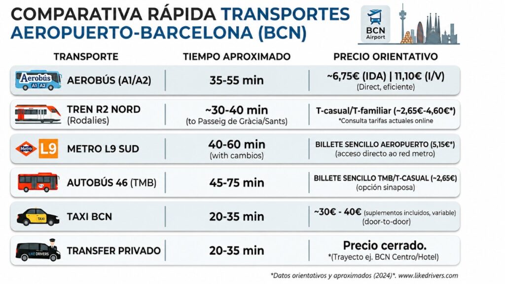Comparativa visual de las opciones para ir del aeropuerto de Barcelona al centro 