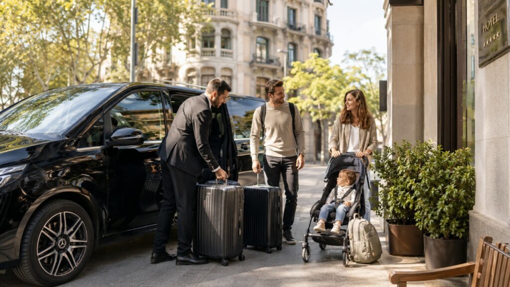 Familia llegando con su transfer privado al hotel en Barcelona desde el aeropuerto