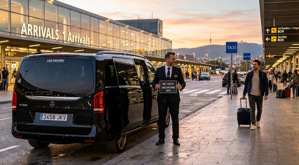 Chófer privado de LikeDrivers esperando a un viajero en la terminal del aeropuerto de Barcelona