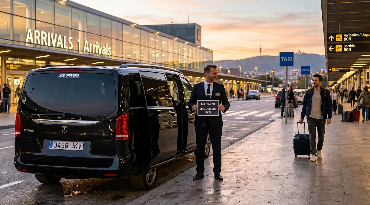 Chófer privado de LikeDrivers esperando a un viajero en la terminal del aeropuerto de Barcelona
