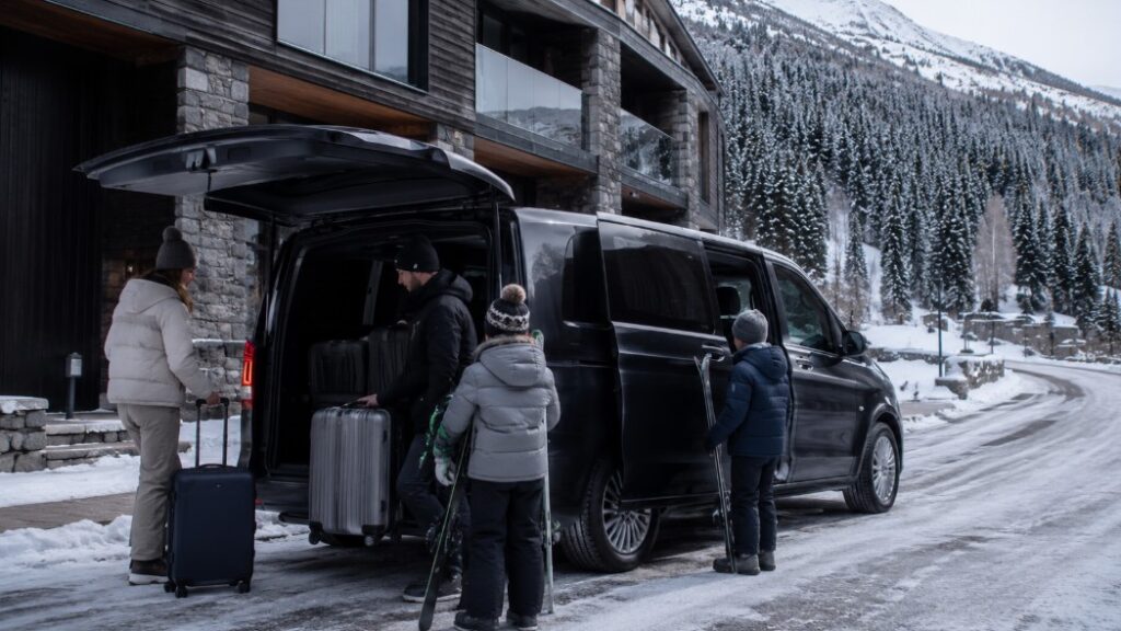 Familia cargando maletas y equipo de esquí en una furgoneta privada para viajar a Andorra